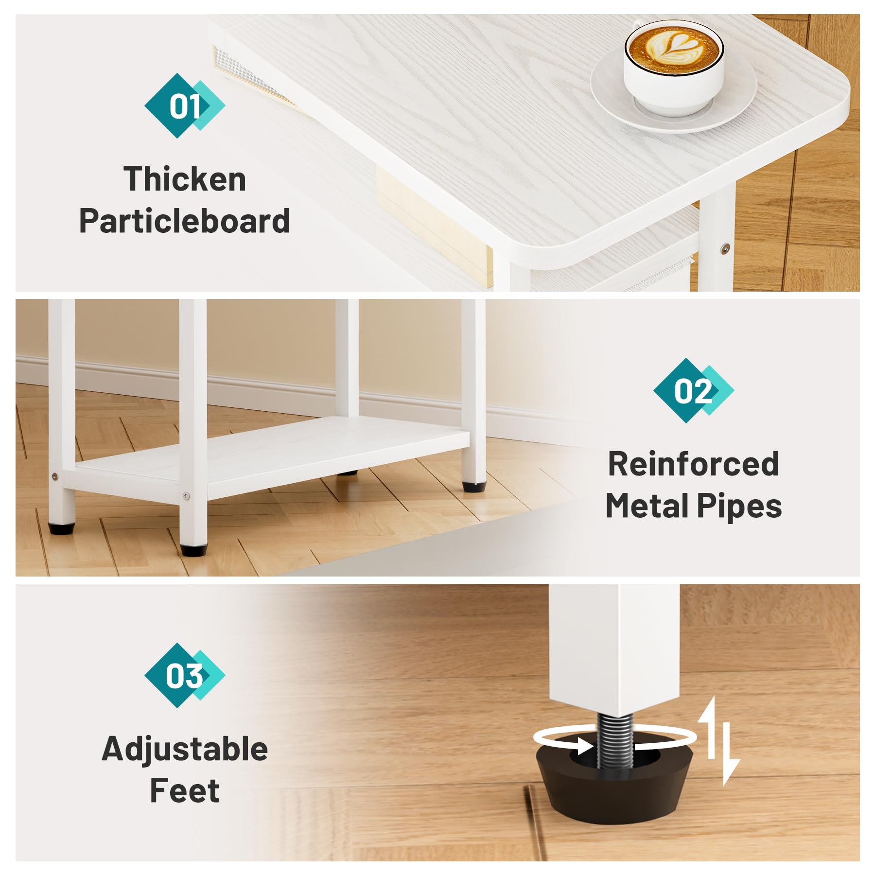 AOODA Narrow Nightstand with Drawers, 3 Tier Skinny Bedside Table for Bedroom, Slim Living Room End Tables with Storage for Small Spaces, Sofa Couch (White)