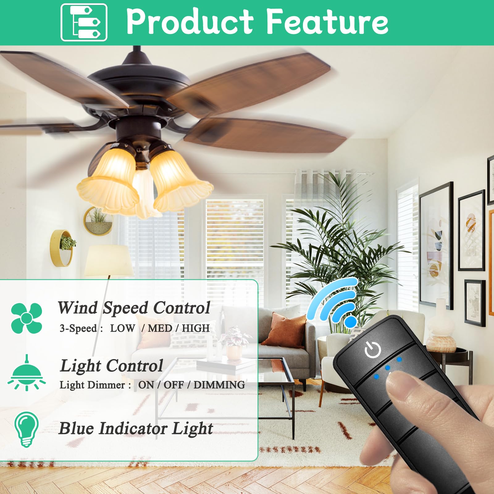 Hampton Bay Ceiling Fan Remote, Universal Ceiling Fan Remote Control Kit, 3-Speed, Light Dimmer, Time Delay, Replacement for Hampton Bay Home Decorators Collection Hunter KUJCE10318, 2AAZPHD3/HD3