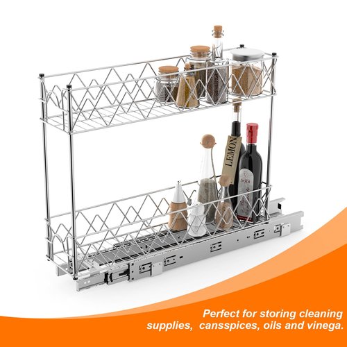 Glolaurge Narrow Pull Out Cabinet Organizer - 5" W x 21" D, 2-Tier Kitchen Cabinet Drawer Slide Out Shelves, Chrome