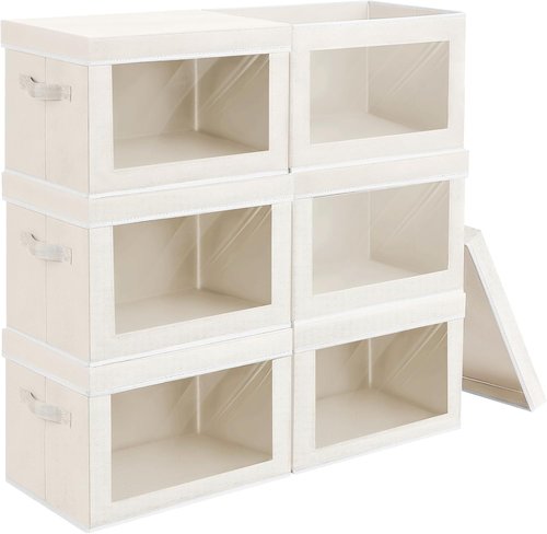 Homsorout Foldable Storage Boxes - Large Organiser Cubes with Lids & Clear Windows | Beige Fabric Containers