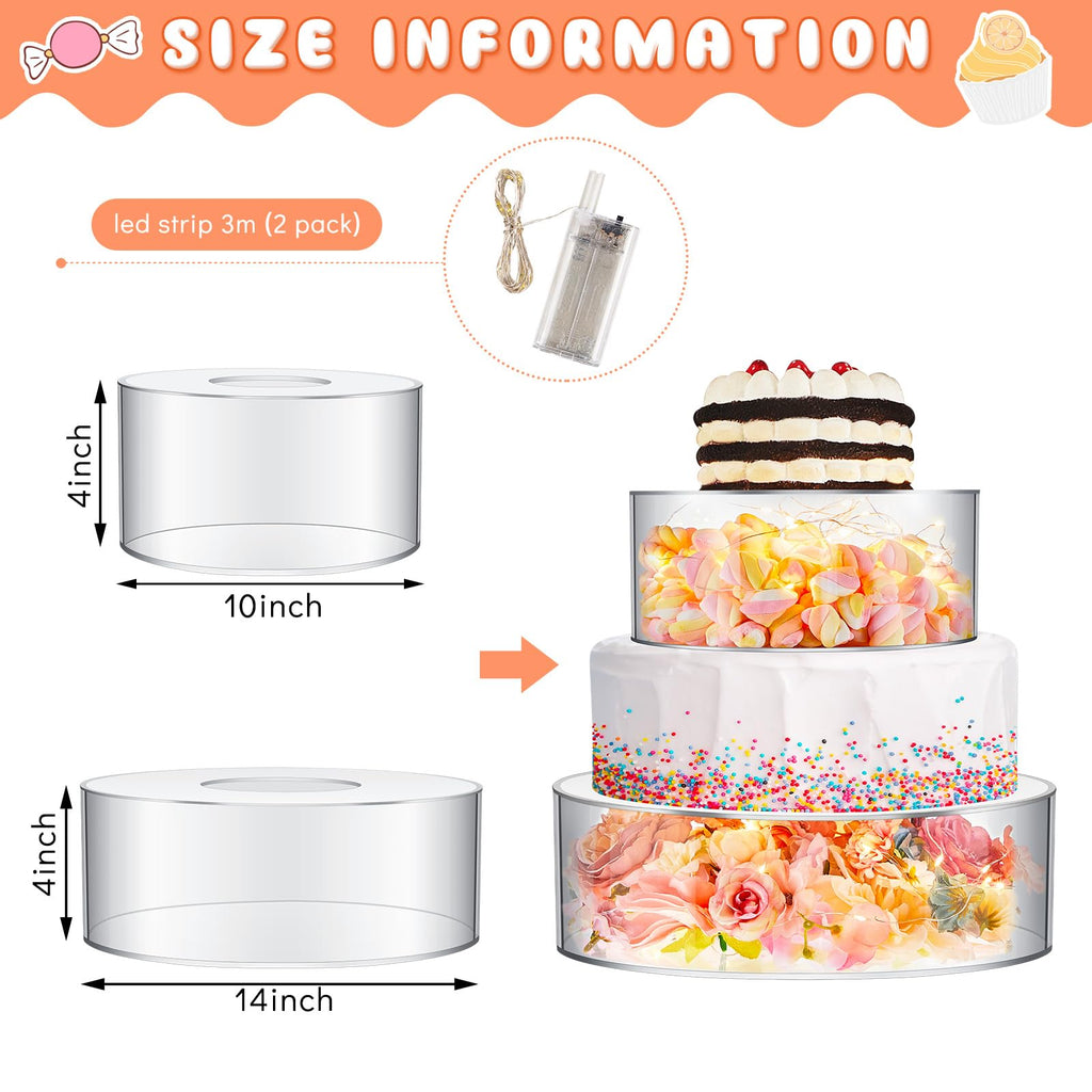 Sunnyray 2 Pcs Acrylic Cake Stands for Dessert Table Clear Fillable Cake Riser Cupcake Tier with LED Strings for Birthday Wedding Holiday Party Display(10", 14")