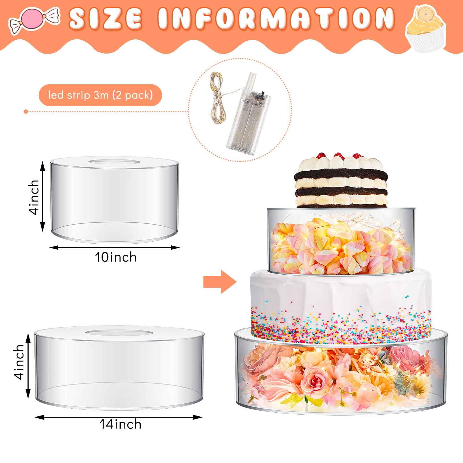 Sunnyray 2 Pcs Acrylic Cake Stands for Dessert Table Clear Fillable Cake Riser Cupcake Tier with LED Strings for Birthday Wedding Holiday Party Display(10", 14")