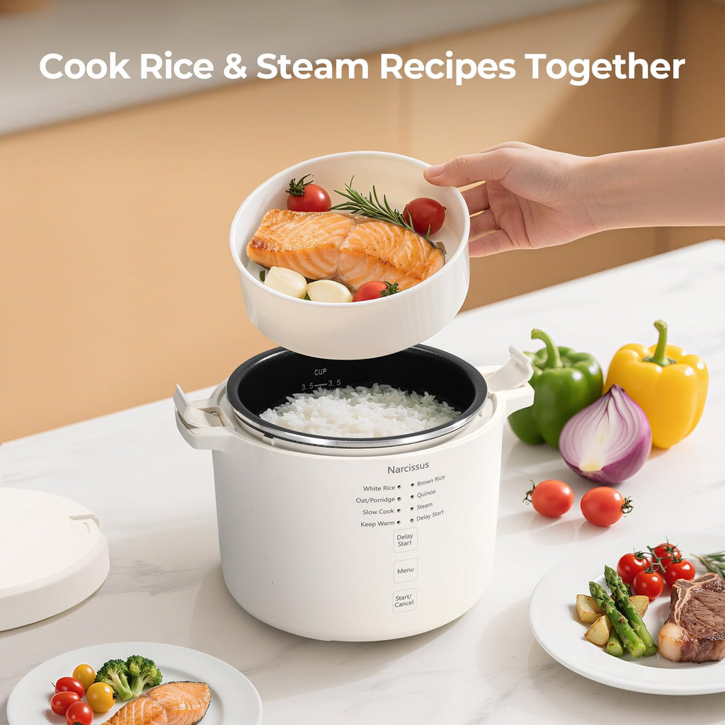 Narcissus 3.5-Cup Rice Cooker for 1-3 People, Multifunctional for Rice, Oatmeal, Quinoa - Slow Cook, Steam, Cook Rice & Steam Dish Together, Rice White