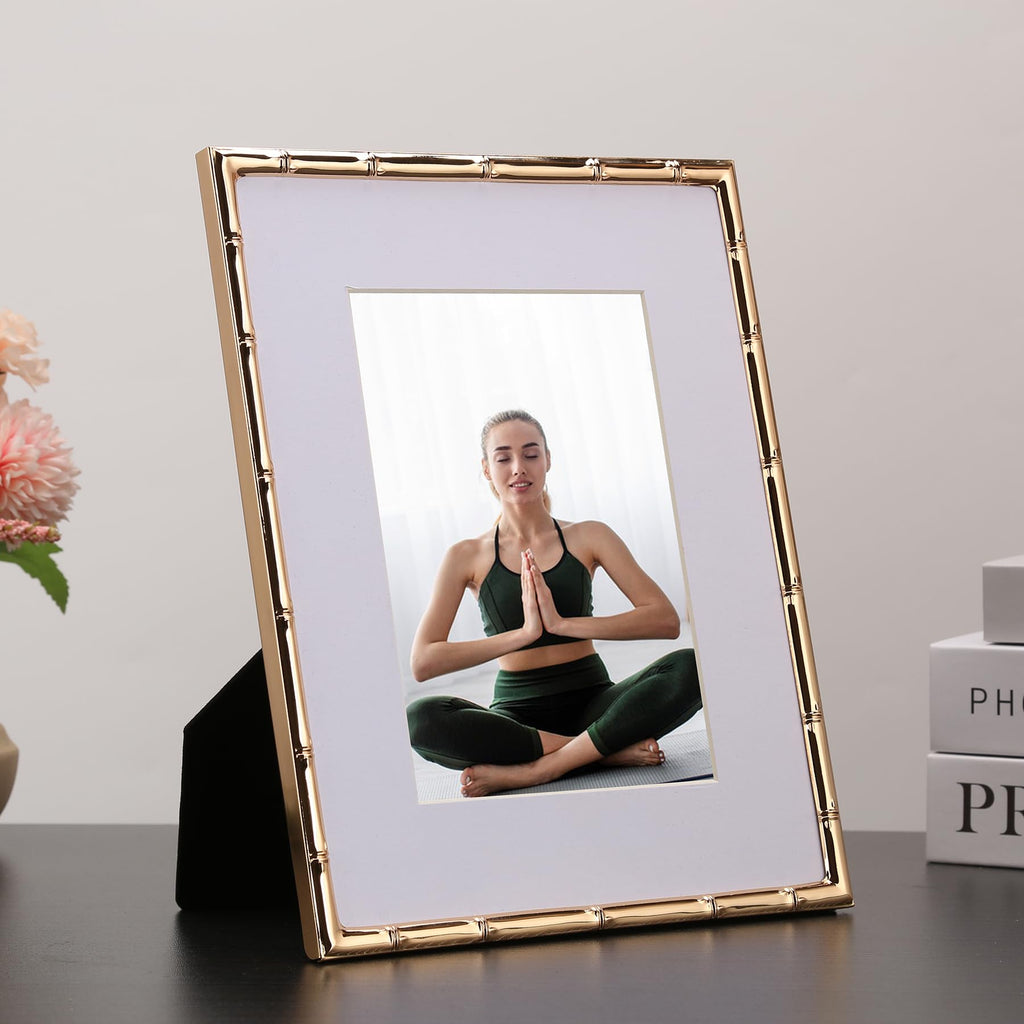 YiPinYin 8x10'' Bamboo Detail Gold Metal Picture Frame with Acid Free Mat for 5x7'' Set of 2,Narrow Gold Plated Photo Frames 5 x7'' With Soft Touch Velvet Backing for Desktop and Wall Décor