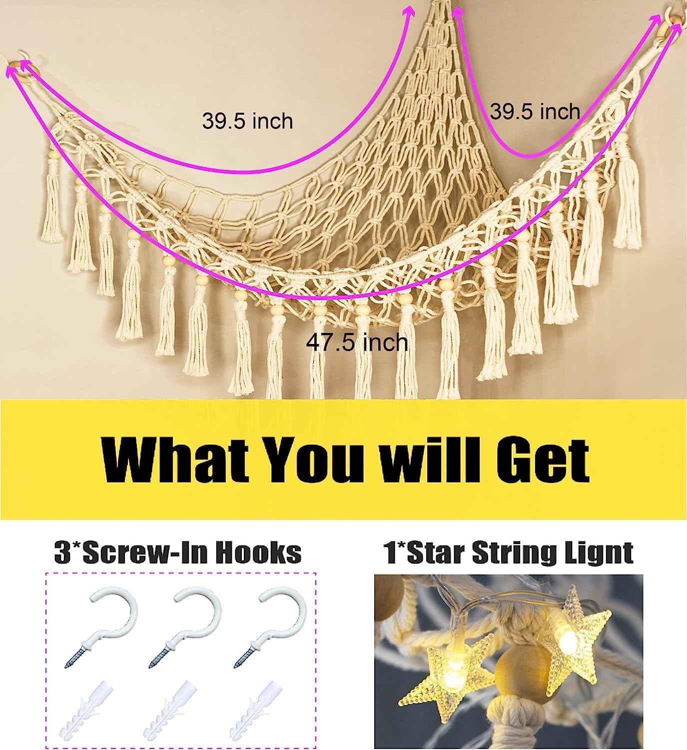 Skiennix Stuffed Animal Toy Storage Hammock with LED Light | Jumbo Macrame Plushie Organizer for Kids' Room Decor
