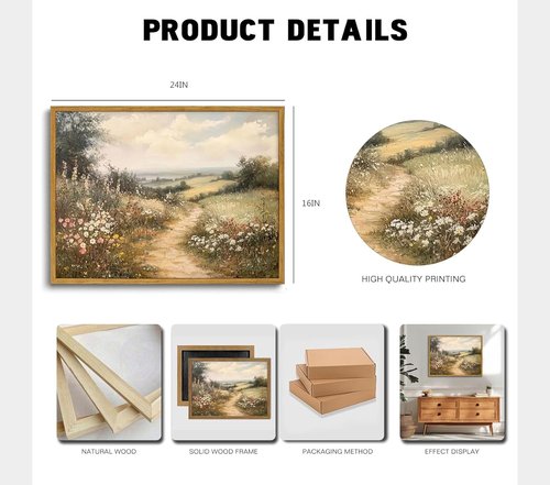 Framed Countryside Landscape Canvas Wall Art - Vintage Wildflower Meadow Print | 16x24 Inch Ready to Hang