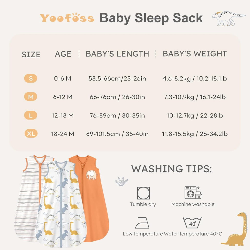Yoofoss Baby Sleep Sack | 100% Organic Cotton Wearable Blanket for 6-12 Months | 2-Way Zipper, 3 Pack