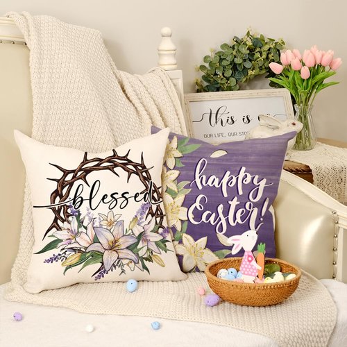 GEEORY Happy Easter He is Risen Throw Pillow Covers 18x18 Inch Set of 4, Cross Flower Wreath Blessed Spring Decorative Farmhouse Holiday Cushion Case for Home Decoration (Purple) G680-18