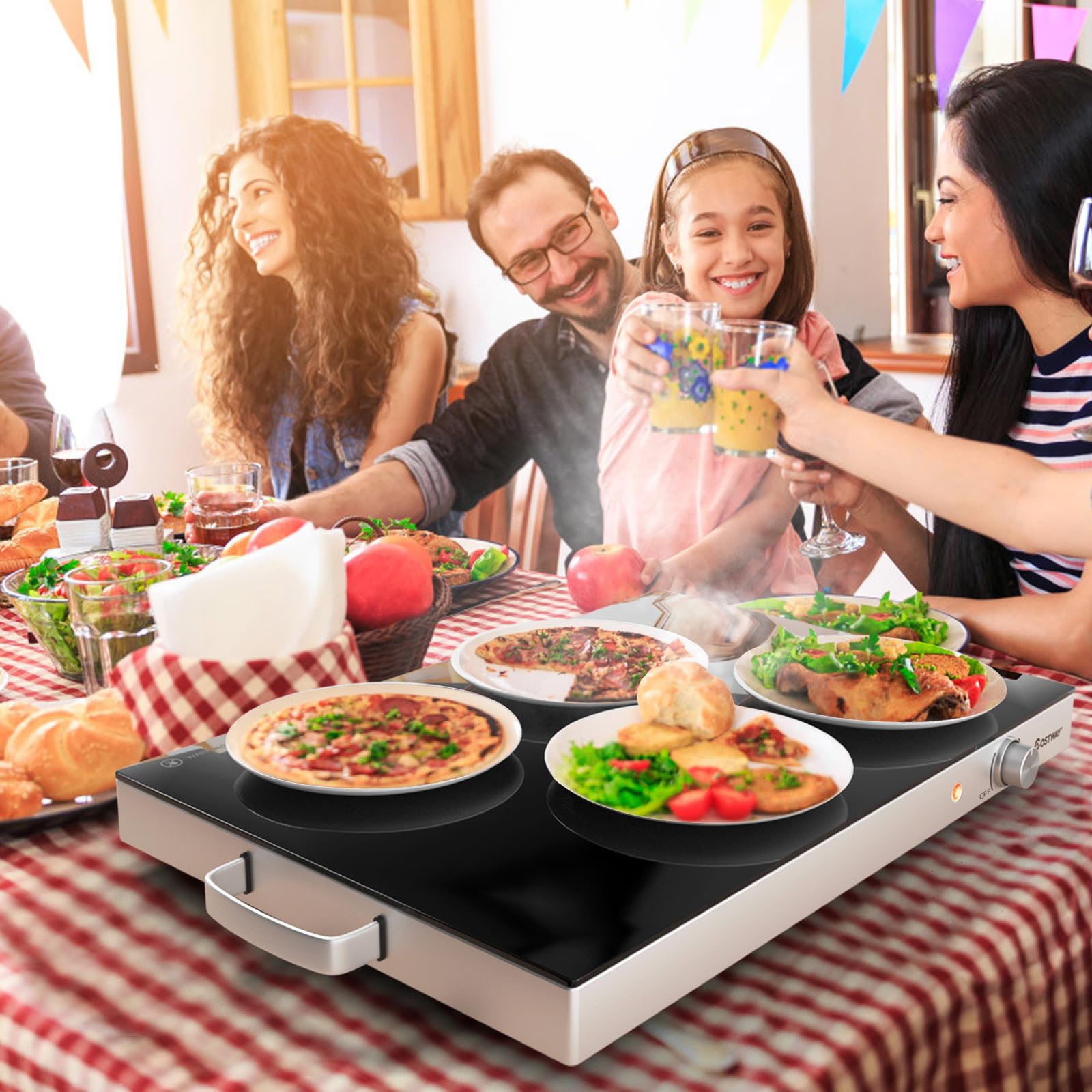 COSTWAY Electric Food Warming Tray, 25" x 15" Food Warmer for Parties with Adjustable Temperature Control, ETL Certified, Tempered Glass Surface, Electric Hot Plate for Buffets, Restaurants (1)