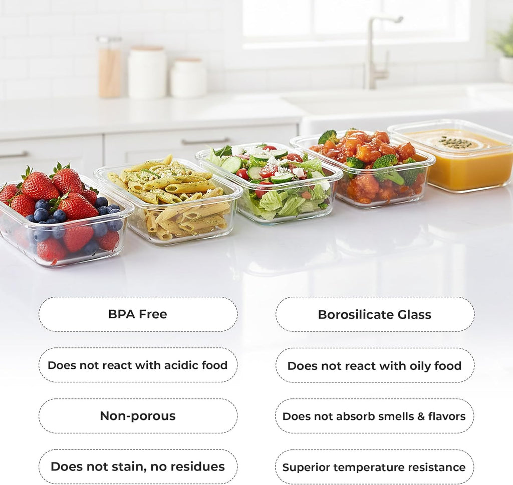 Zulay Kitchen 36oz Glass Tupperware Container Set - 5 Piece BPA-Free Borosilicate Storage | Leak-Proof & Oven Safe - Gray