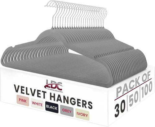 LDC Grey Velvet Hangers 30 Pack - Premium Non-Slip Felt Coat & Pants Hangers - Heavy Duty 360° Swivel Hook