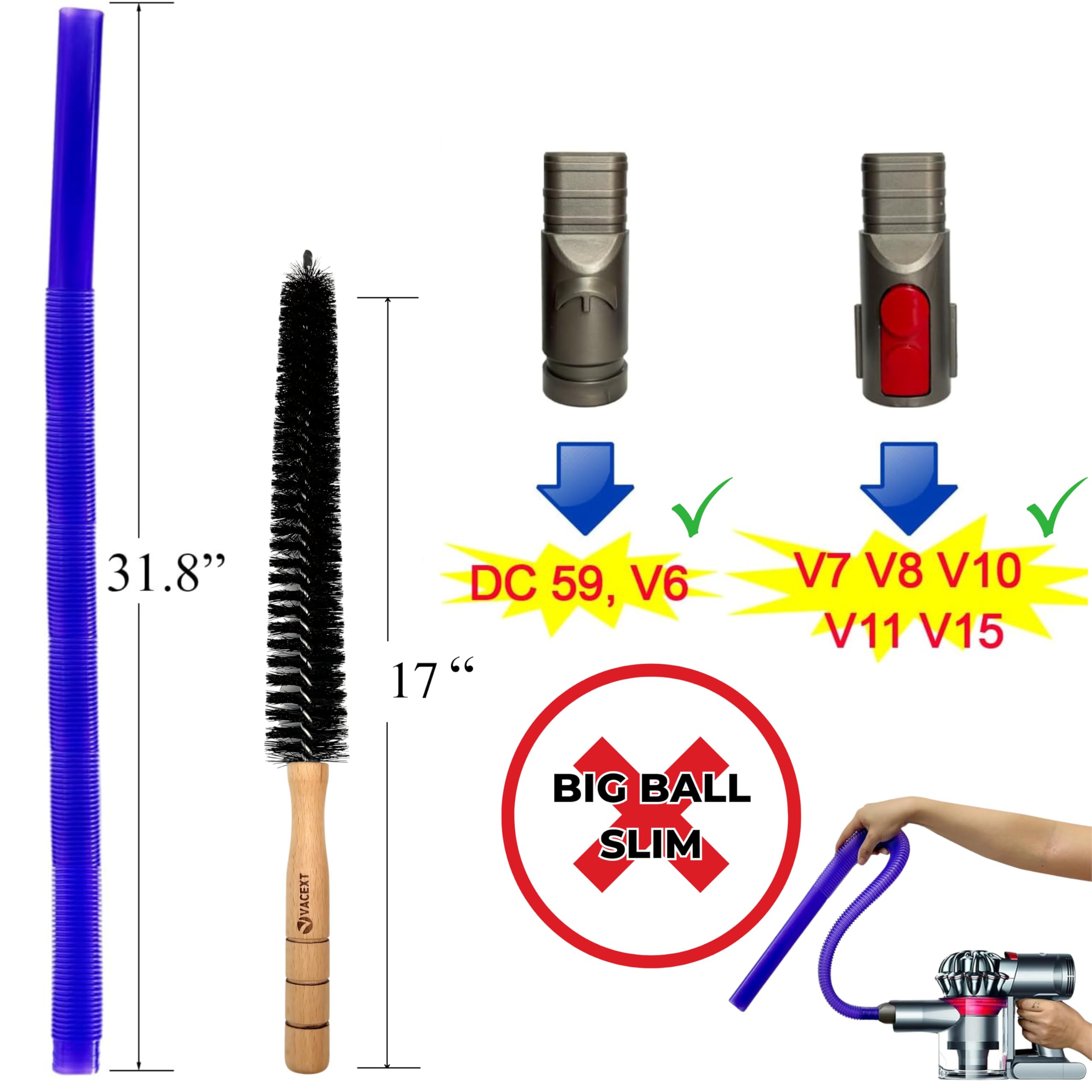 Vacuum Accessories & Attachment Compatible with Dyson V7 V8 V10 V11 V15 V6 DC58 DC59 - Dryer Vent Cleaner Kit & Refrigerator Condenser Coil Brush- Flexible Crevice Tool for Small Crevice