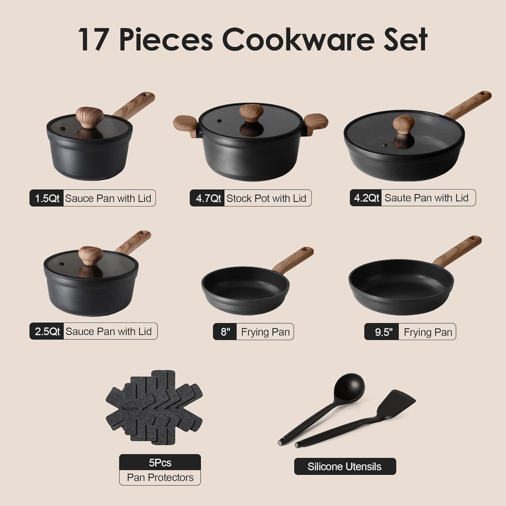 SENSARTE Nonstick Cookware Set - 17-Piece Induction Kitchen Set with Skillets & Saucepans | Matte Black, Dishwasher Safe