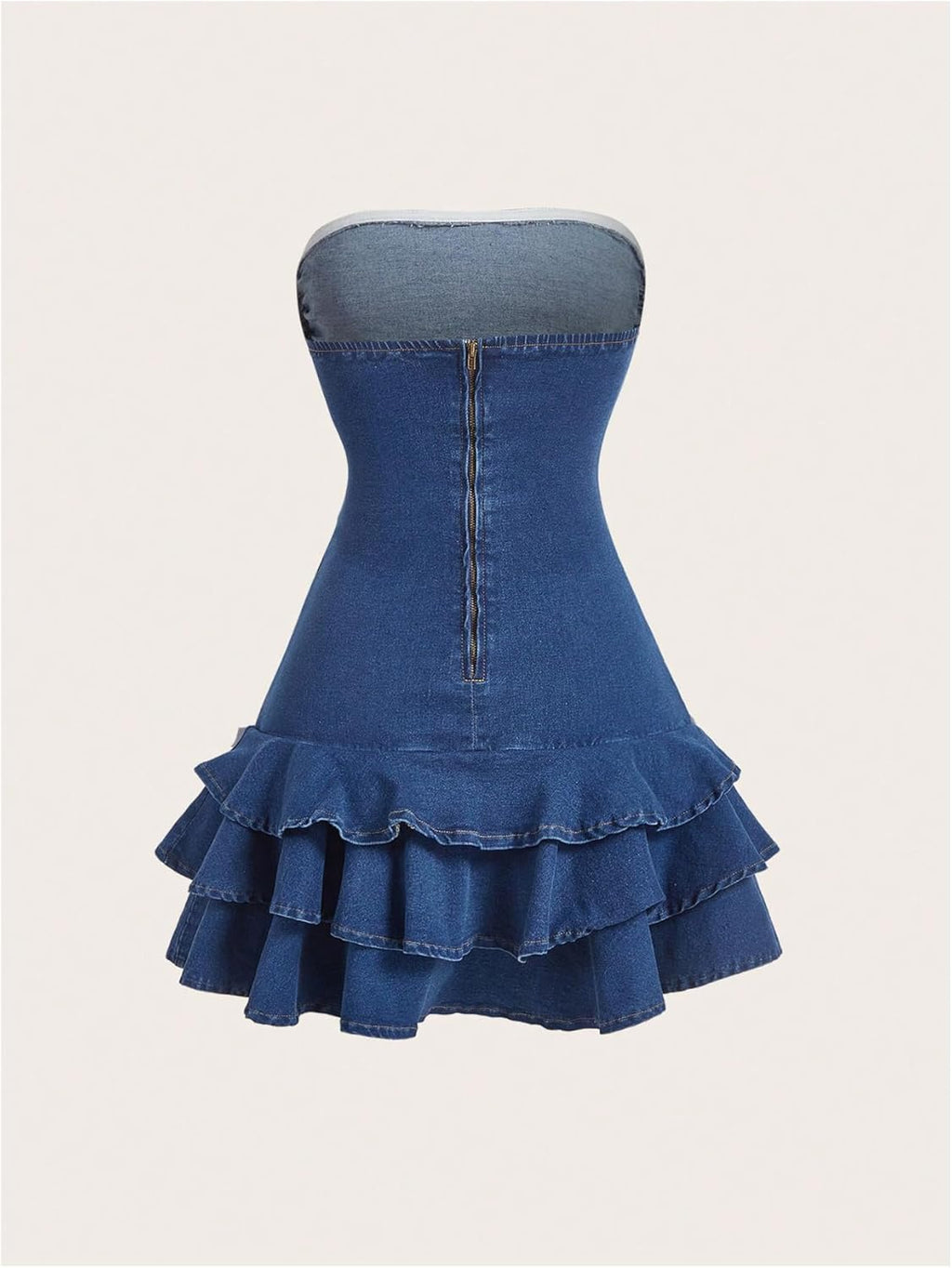 WDIRARA Strapless Denim Mini Dress - Layered Ruffle A-Line Design with Bow Detail