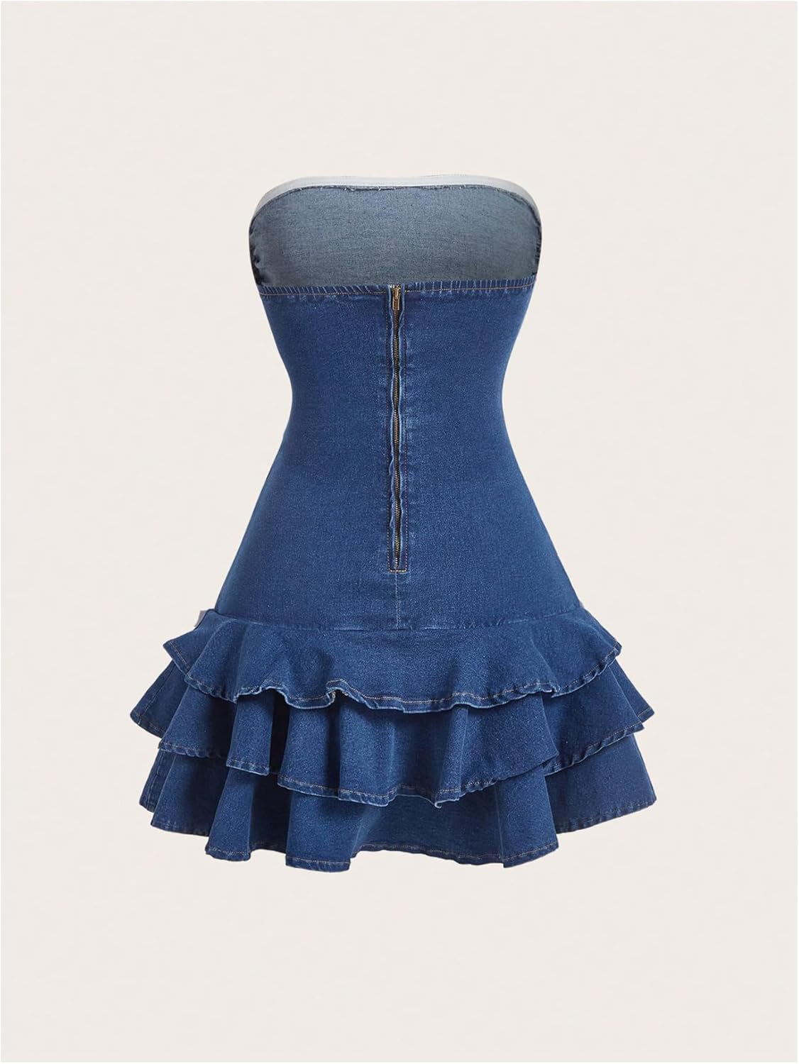 WDIRARA Strapless Denim Mini Dress - Layered Ruffle A-Line Design with Bow Detail