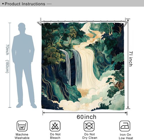 Miyotaa Abstract Waterfall Forest Shower Curtain Set 60Wx71H Inches Emerald Green Japanese Hokusai Aesthetic Landscape Forest Tree Polyester Waterproof Cloth Bathroom Curtain with 12 Hooks