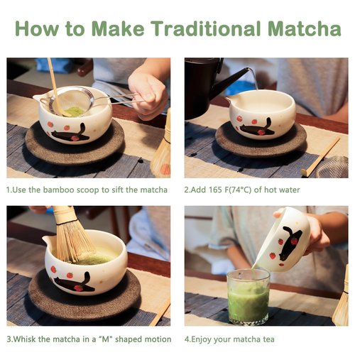 KOIMYSA Cute Matcha Whisk Set with Cat and Strawberry Pattern Matt Matcha Bowl, 5PCS Traditional Bamboo Whisk Kit, Chasen and Chashaku, White