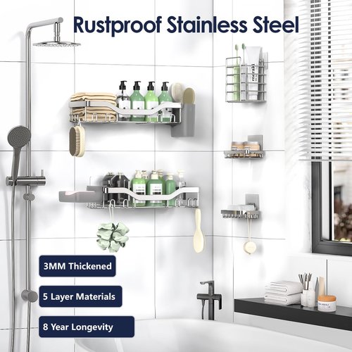 NESOMI Shower Caddy Adhesive Shower Organizer 7-Pack, Rustproof Stainless Steel Bathroom Shelves, Large Capacity No-Drill Rack Storage Accessories with Soap Dish Toothbrush Holder Hooks