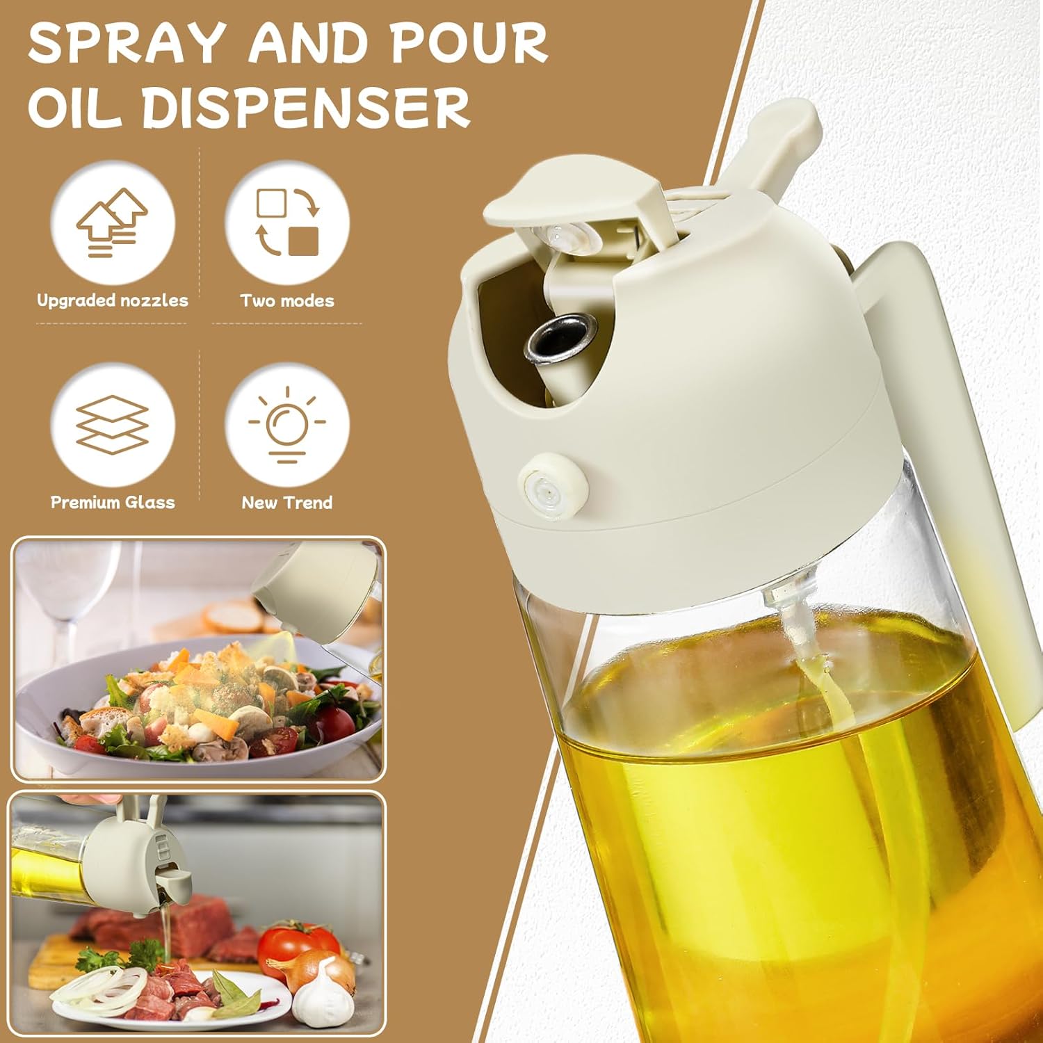 Skiennix Oil Sprayer | 2-in-1 Glass Oil Dispenser & Sprayer - 16oz for Cooking, Grilling & Salads (White)