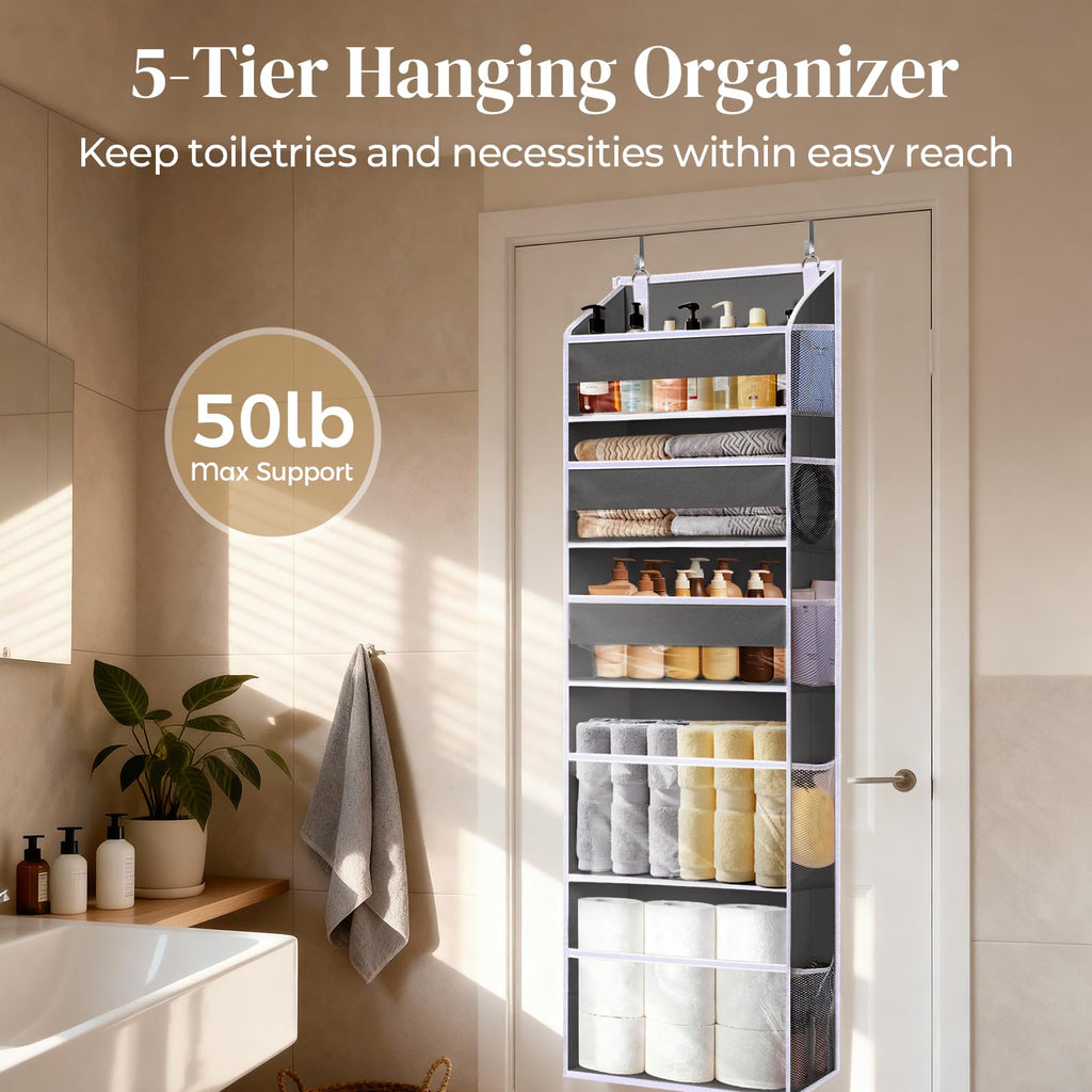 Ordovibe 5 Tiers Over Door Organizer with 10 Mesh Side Pockets, 44 lbs Weight Capacity Hanging Storage Organizer with Clear Window Kids Toys, Shoes, Diapers, Dark Gray