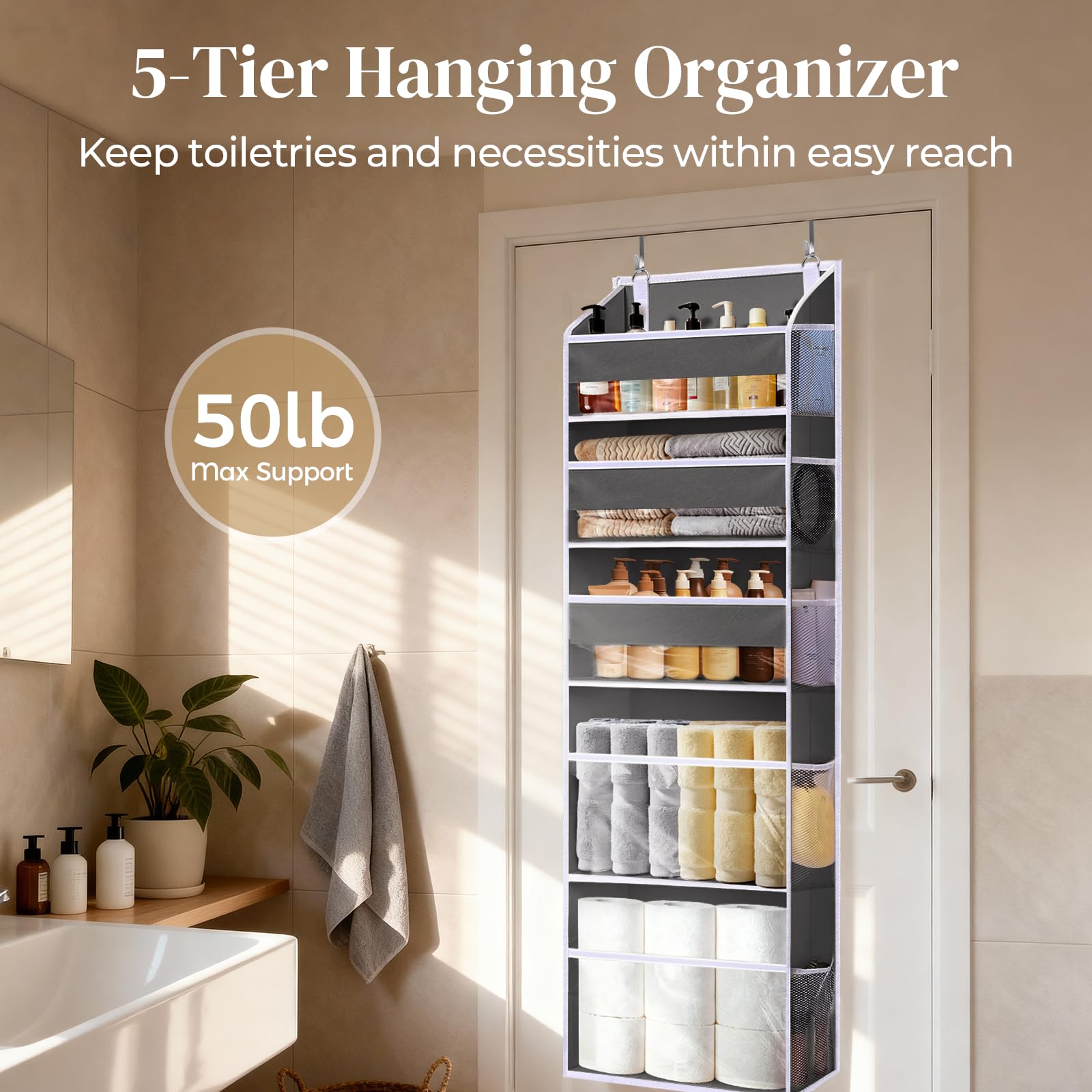 Ordovibe 5 Tiers Over Door Organizer with 10 Mesh Side Pockets, 44 lbs Weight Capacity Hanging Storage Organizer with Clear Window Kids Toys, Shoes, Diapers, Dark Gray