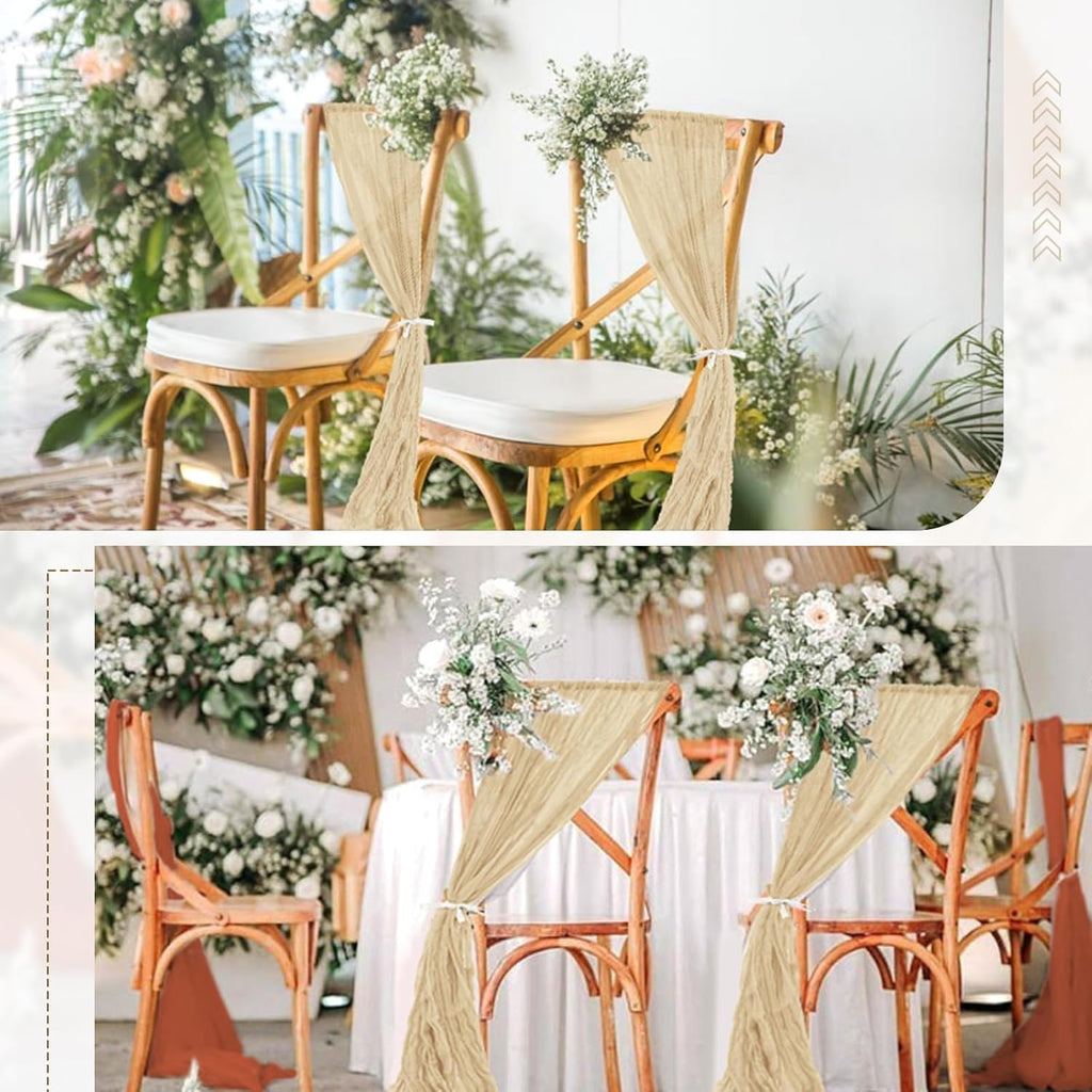 Skiennix 50 PCS Cheesecloth Chair Sashes - Elegant Wedding Aisle Decorations | Beige Ribbon Ties