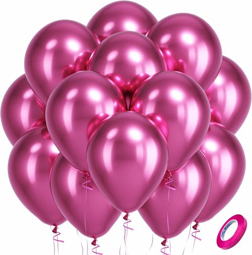 Bezente Metallic Hot Pink Latex Party Balloons - 100 Pack of 12-Inch Round Helium Balloons for Celebrations