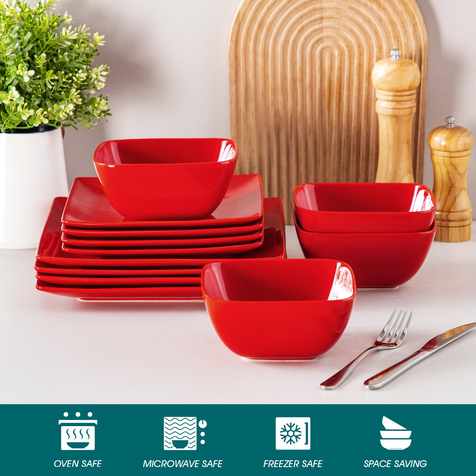 vancasso Soho Dinnerware Sets 12 Pieces, Red Stoneware Square Place Setting, Dinner Plate, Plates and Bowls Sets, Dishes Service for 4