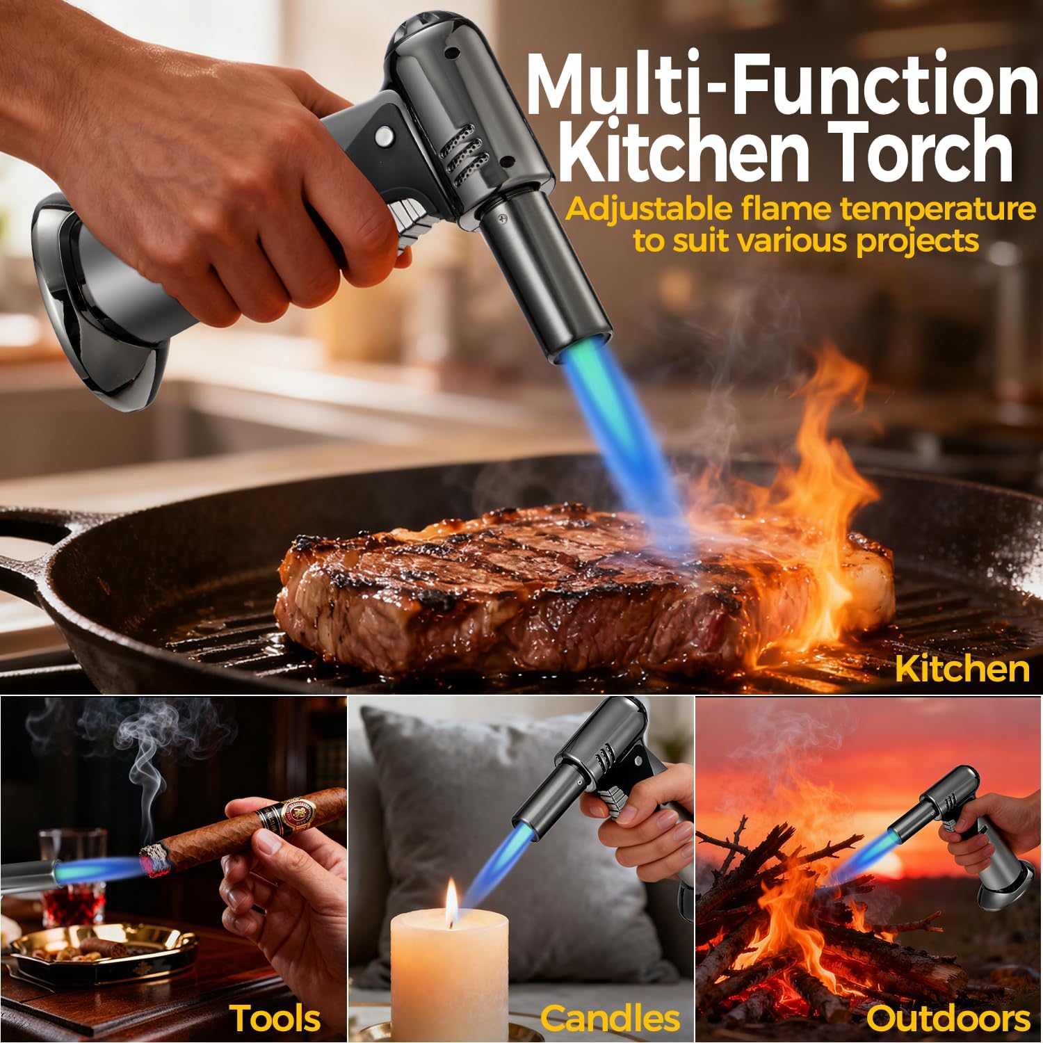 Skiennix Butane Torch - Adjustable Flame Kitchen Torch with Safety Lock for Baking & BBQ | Refillable Design
