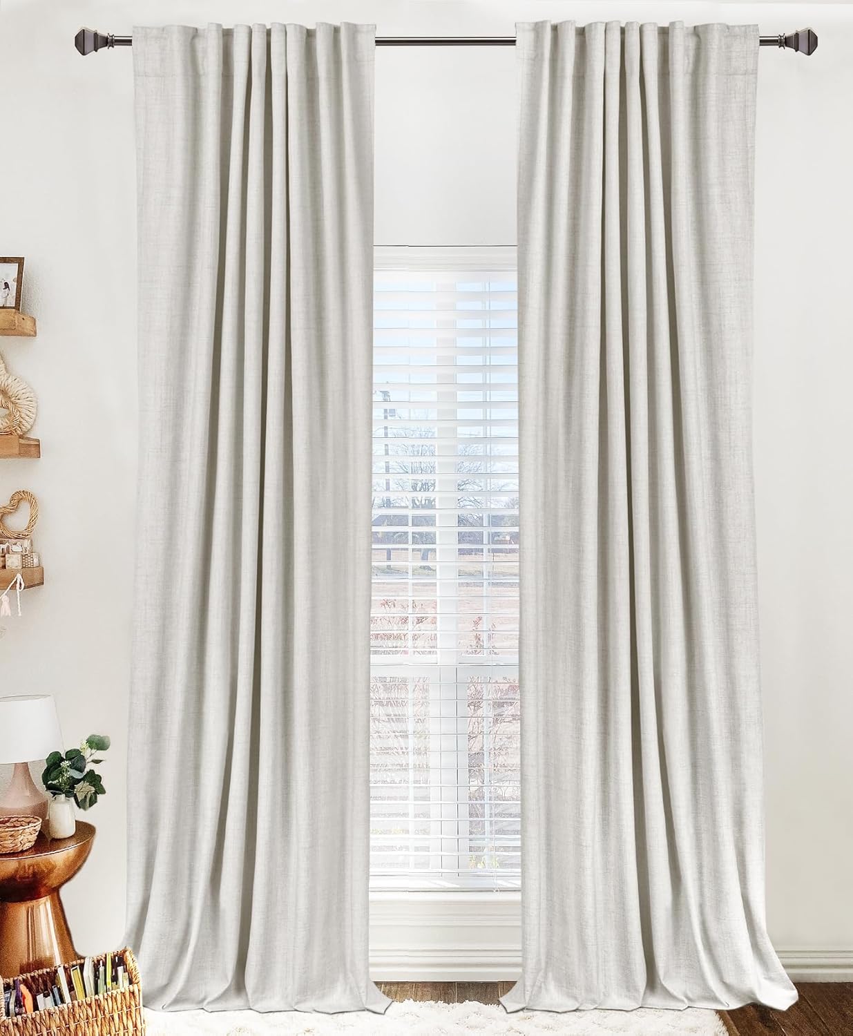 Skiennix 100% Blackout Linen Curtains - Thermal Insulated Drapes for Bedroom | 84" Long, Beige, 2 Panels Set
