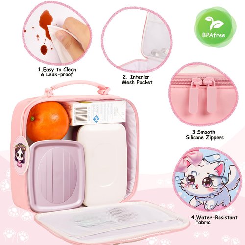 GLORIEROO Kids Lunch Box for Girls - Insulated Leakproof Waterproof Reusable Lightweight Cute Pink Lunch Bag Cooler for Girls 6+ for School Travel Back to School