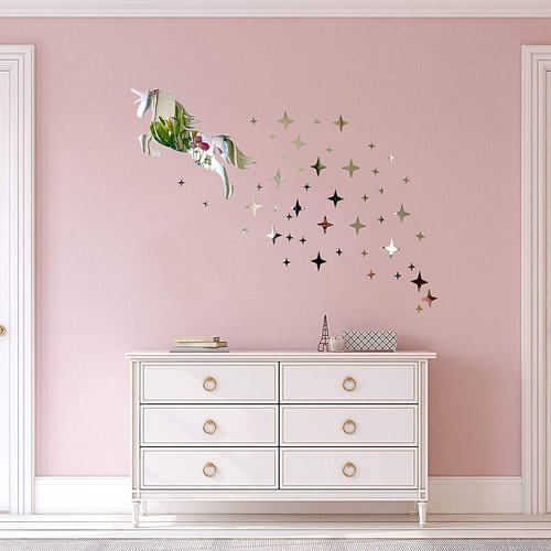 Unicorn Mirror Wall Stickers, Removable Acrylic Mirror Wall Sticker Decals, DIY Self Adhesive Stars Art Wall Decal Murals Home Wall Decoration Stickers for Living Room Kids Bedroom Office Baby Nursery