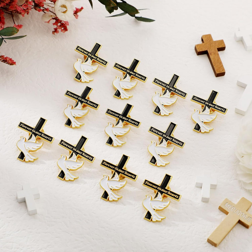 Misdary Memorial Dove Cross Lapel Pins - Bulk Funeral Favors for Guests | Forever in Our Hearts