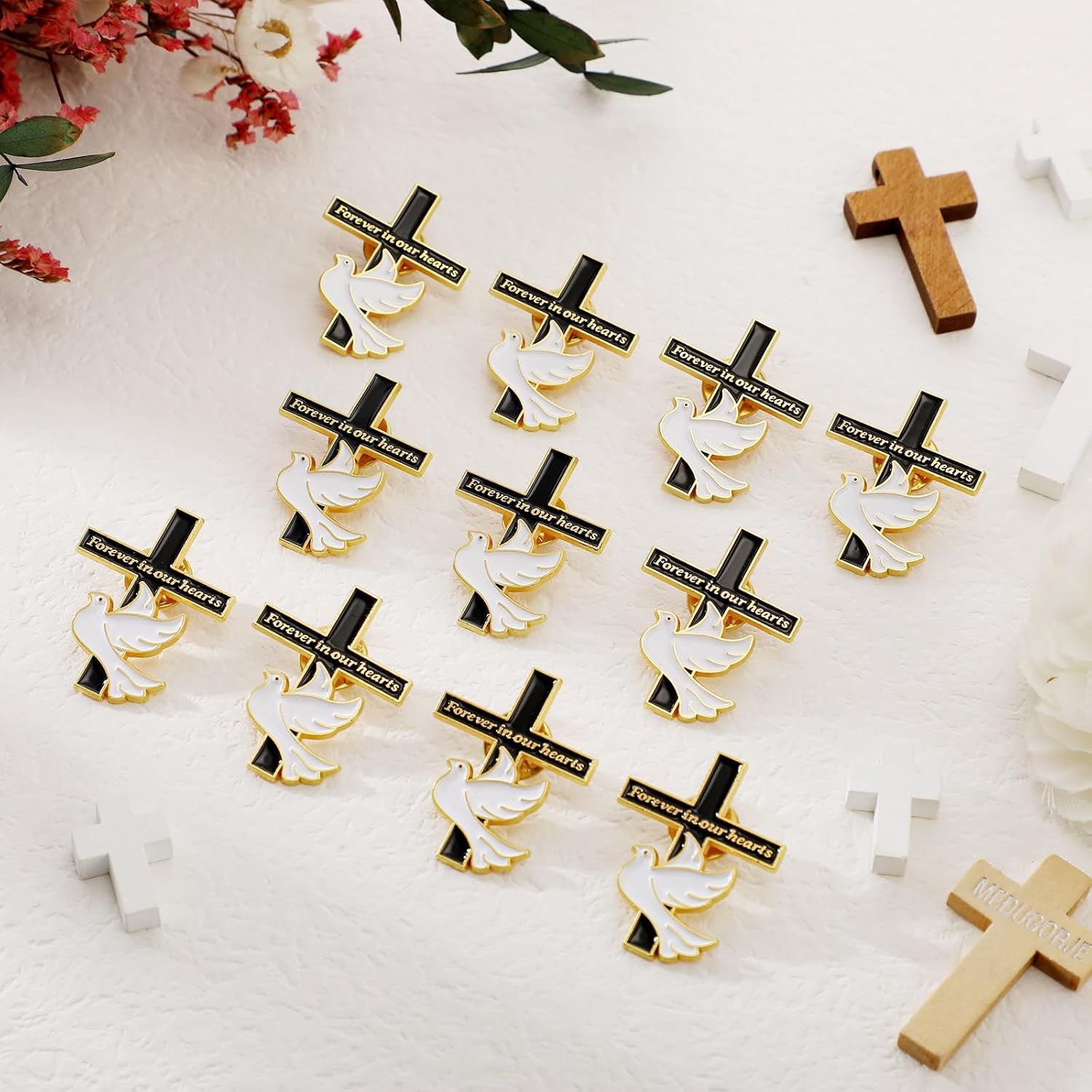 Misdary Memorial Dove Cross Lapel Pins - Bulk Funeral Favors for Guests | Forever in Our Hearts