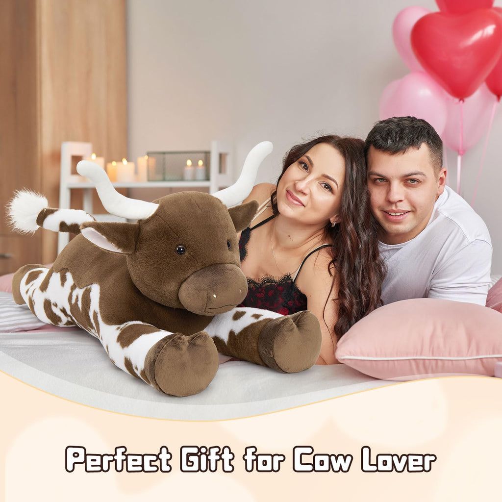 Tezituor 43.3 Giant Longhorn Cow Stuffed Animal, Hugging Fluffy Stuffed Cow Plush Body Pillow, Realistic Large Texas Longhorn Bull Farm Plush Toy for Boys Girls
