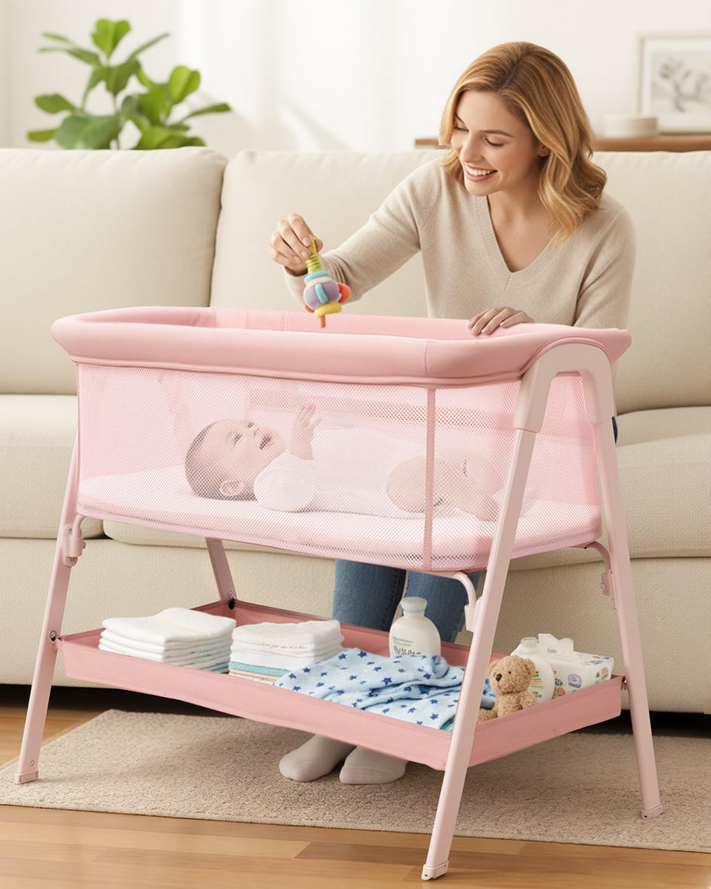 JevrJeur Baby Bassinet, Bedside Bassinet for Baby, Bassinet Bedside Sleeper with Mattress, Storage Basket and 4 Auto-Lock Wheels, Full-Mesh Sides, Bedside Mini Crib for Newborn (Pink)