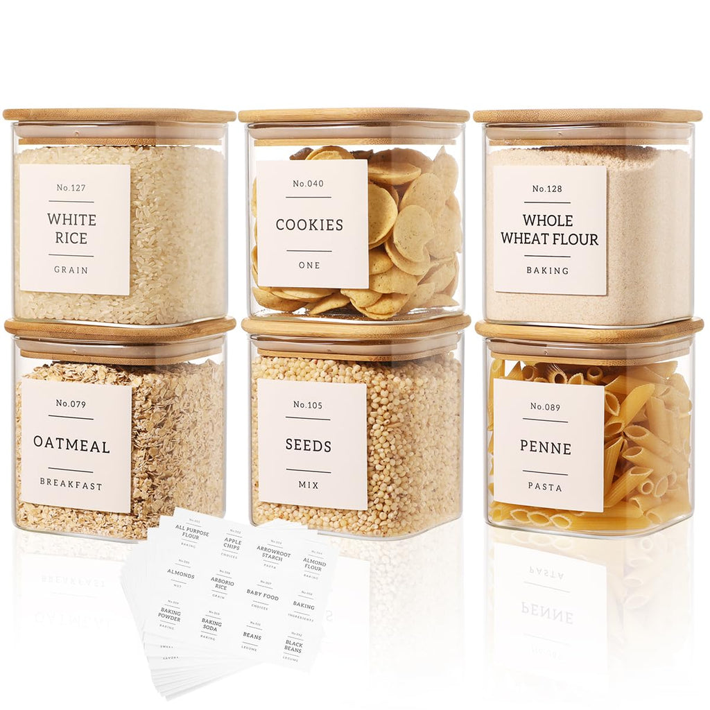 6 Pack Square Glass Pantry Storage Containers with 132 Kitchen Food Pantry Labels - 24 floz Clear Glass Pantry Jars with Airtight Wood Bamboo Lids - Glass Canisters for Sugar, Cereal, Coffee, Spice