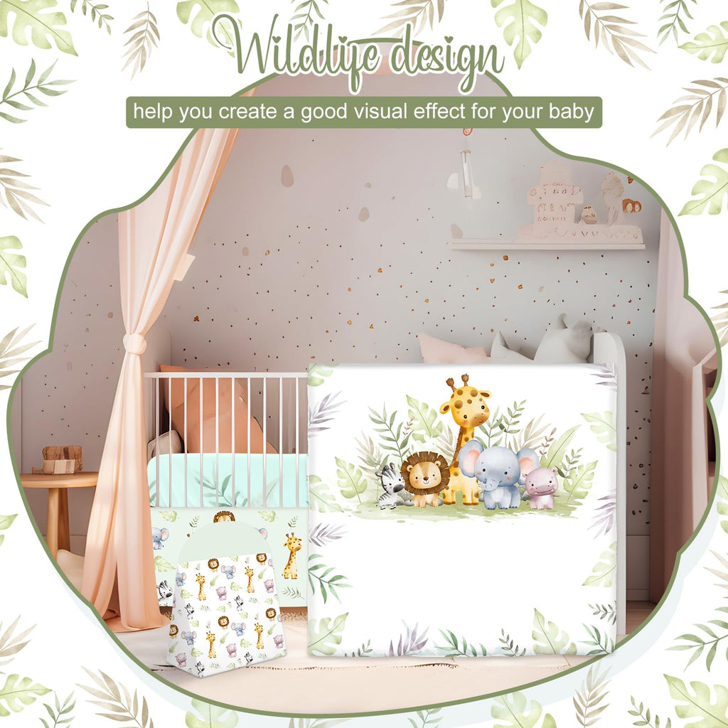 Hahafelt 4 Pieces Baby Crib Bedding Set for Girls and Boys, Soft Baby Bedding Set Including Crib Skirt, Comforter, Sheet and Diaper Stacker for Nursery (Wildlife Theme)