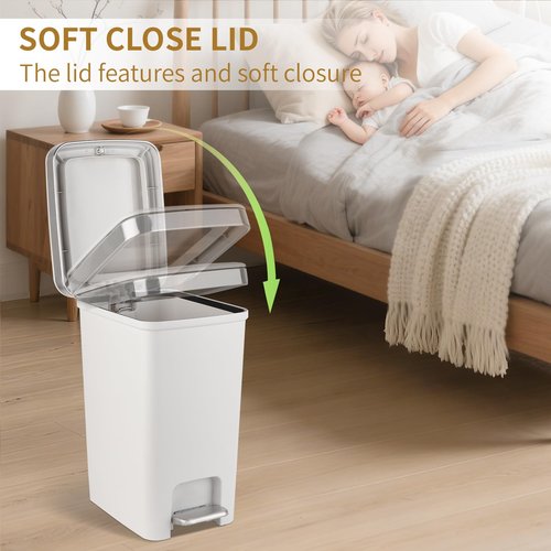 Small Bathroom Trash Can with Lid and 3 Rolls Trash Bags, Step Pedal Wastebasket Plastic Garbage Can with Pop-Up Lid 2.6 Gallon Bin for Kitchen, Bedroom, Office, Dorm, Laundry, Toilet, Rv, White