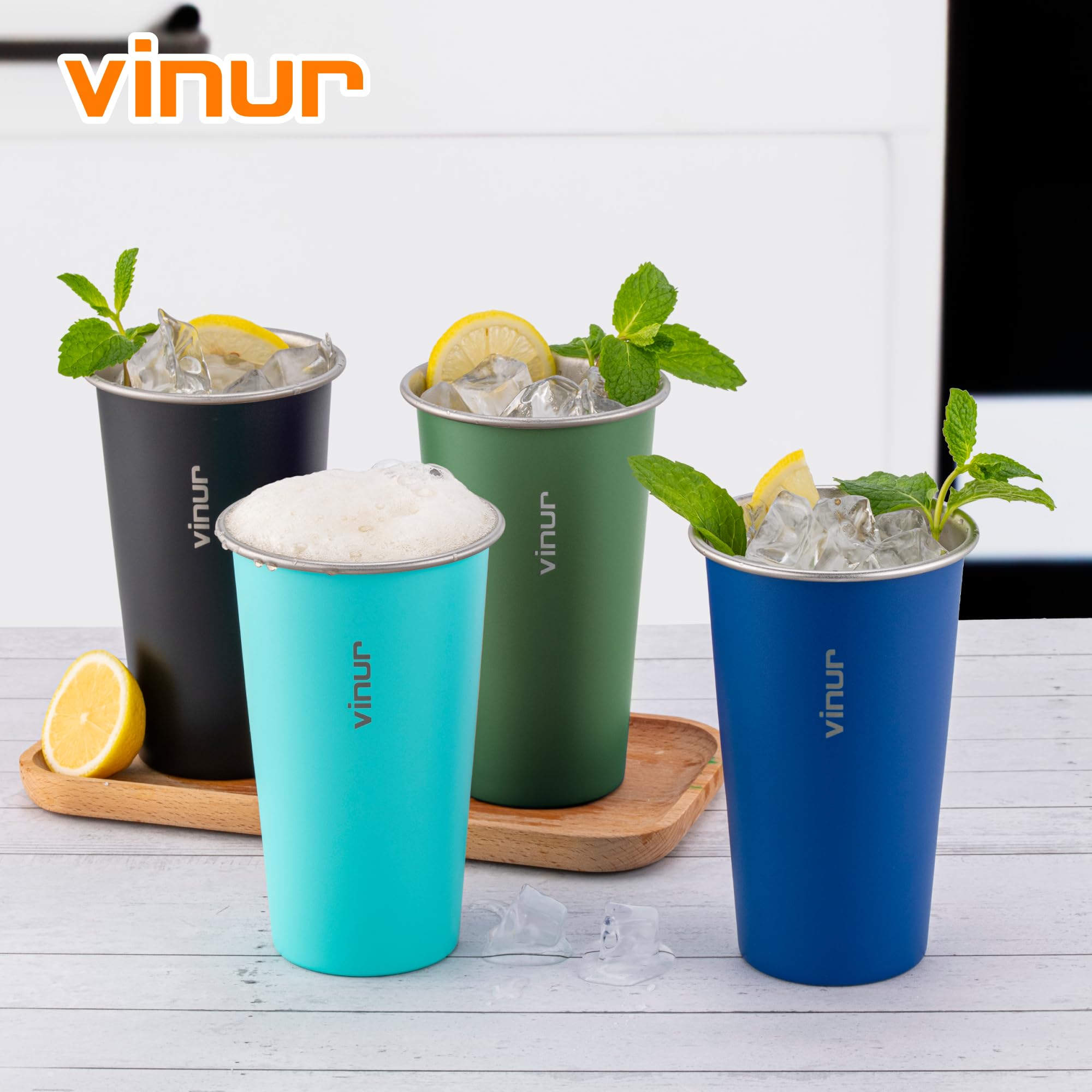 VINUR 4 Pack Stainless Steel Cups 20 oz Pint Tumbler Stackable Metal Drinking Glasses for Travel, Camping, Outdoors (Green-Black-Teal-Navy)