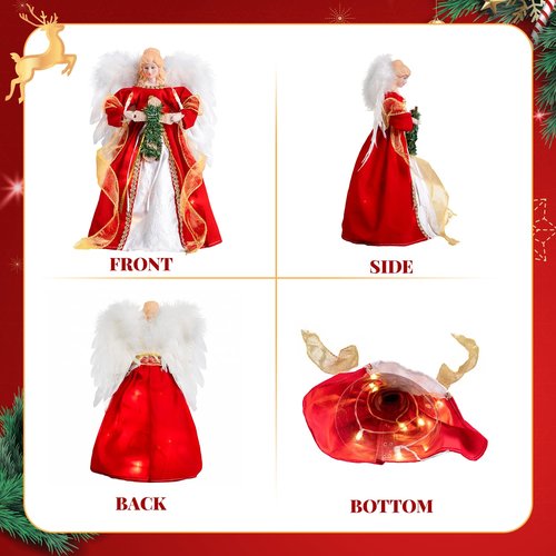 Christmas Angel Tree Topper with Light | 12” Christmas Tree Topper - Battery Operated - Natural Goose Feather - Red Dress Treetop Ornaments Indoor Decorations