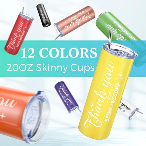 Sieral Thank You Gifts Appreciation Tumbler Employee Thank You for Being Awesome Stainless Steel Travel Tumbler 20 oz Graduation Gift Father Friends Mom Wife Coworker Women Men(Bright Colors,12 Sets)
