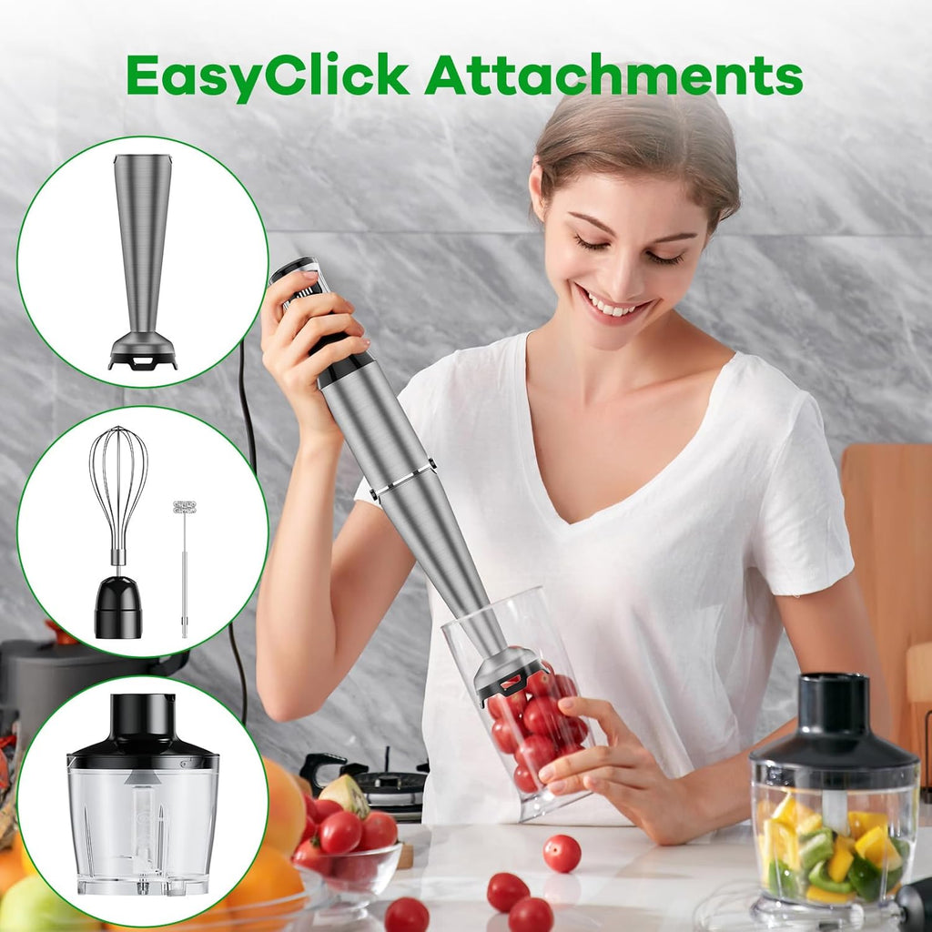 Turelar Immersion Blender - 1100W Handheld Stick Blender Set with Chopper, Whisk & Frother - Black