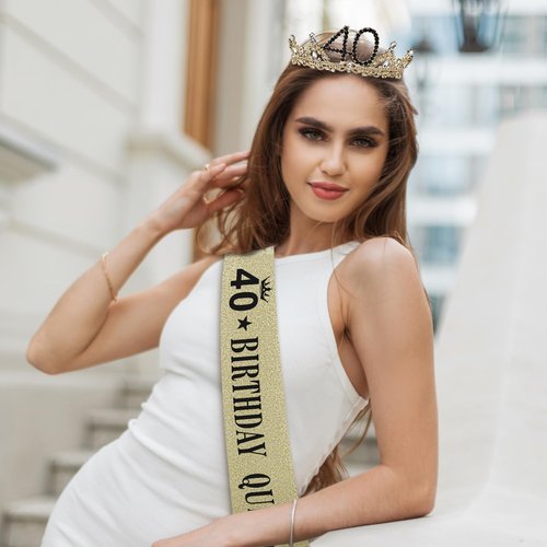 40th Birthday Crown and Sash for Women, 40 Tiara Headband, Black Gold 40th Birthday Decorations Gifts Favors for Female Friends Sister Daughter Wife Mom
