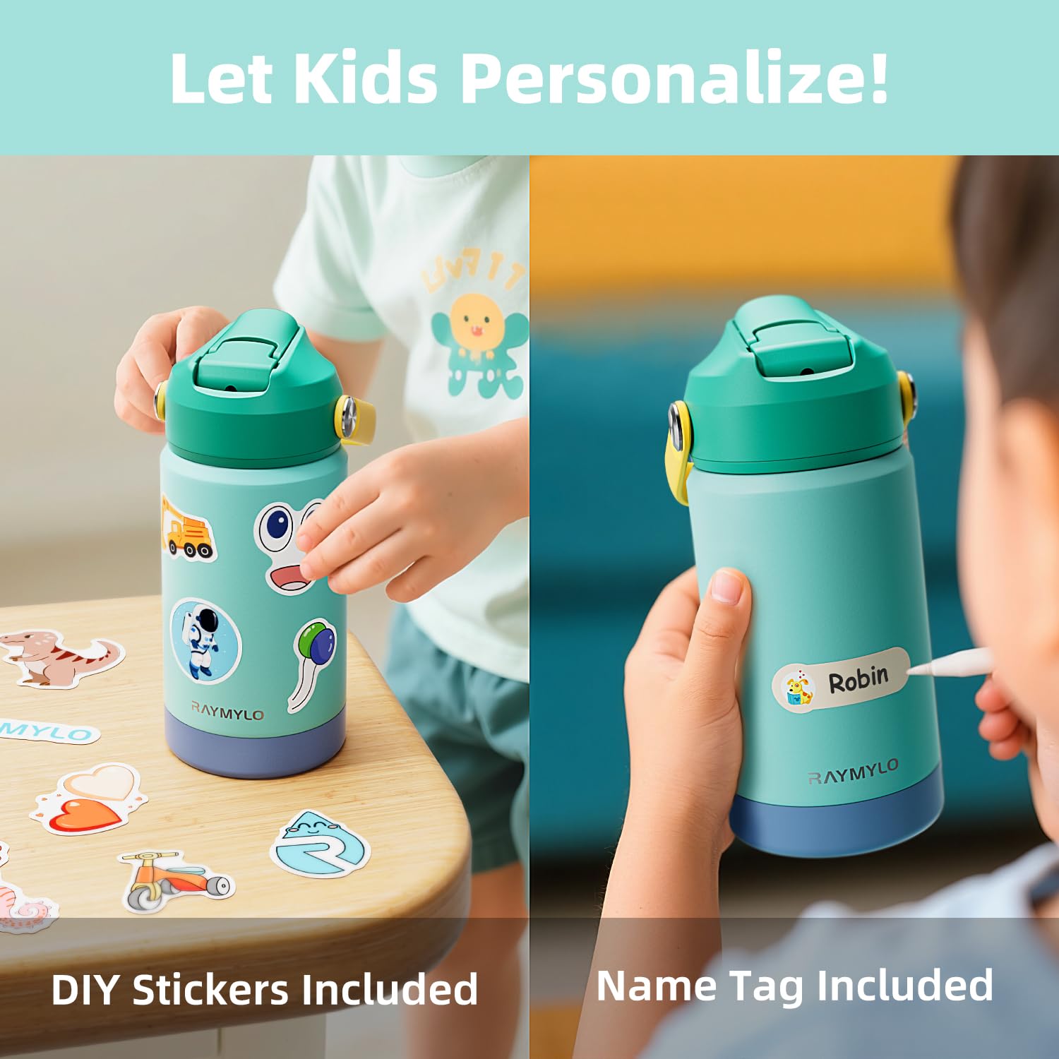 RAYMYLO Kids Water Bottle Stainless Steel Insulated, 12 oz Toddler Water Bottle for School Boys Girls, Toddler cups with Straw, Dishwasher Safe & BPA Free, Included DIY Stickers & Name Tag