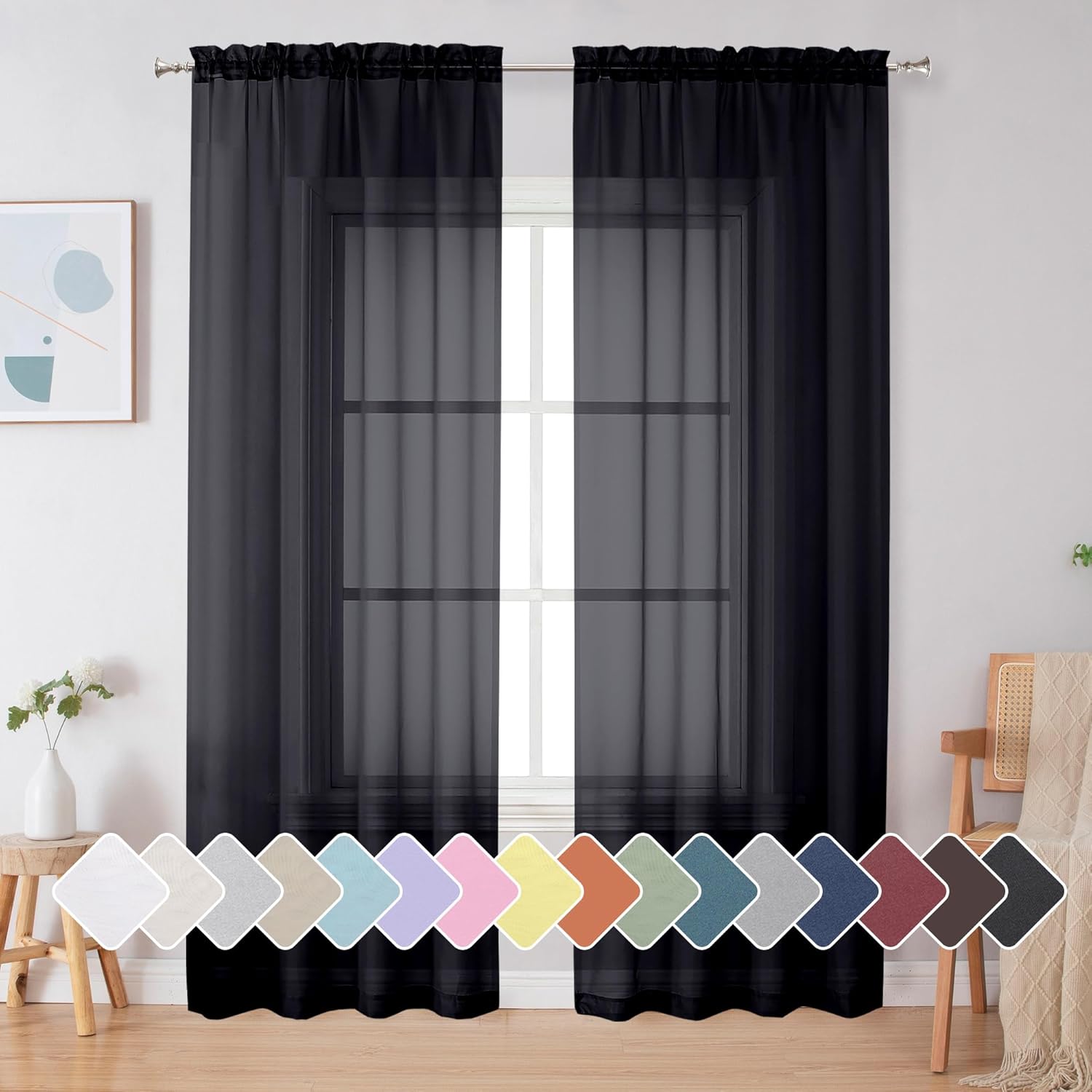 Simplebrand Black Sheer Curtains - Elegant Light Filtering Rod Pocket Panels | 84 Inches Long, 2-Pack