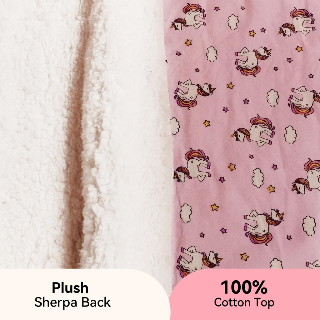 Kids Sherpa Throw Blanket – Soft Cotton & Warm Sherpa Toddler Blanket, Pink Unicorn & Clouds Pattern, Plush Winter Bed Throw, 40 x 60 inches