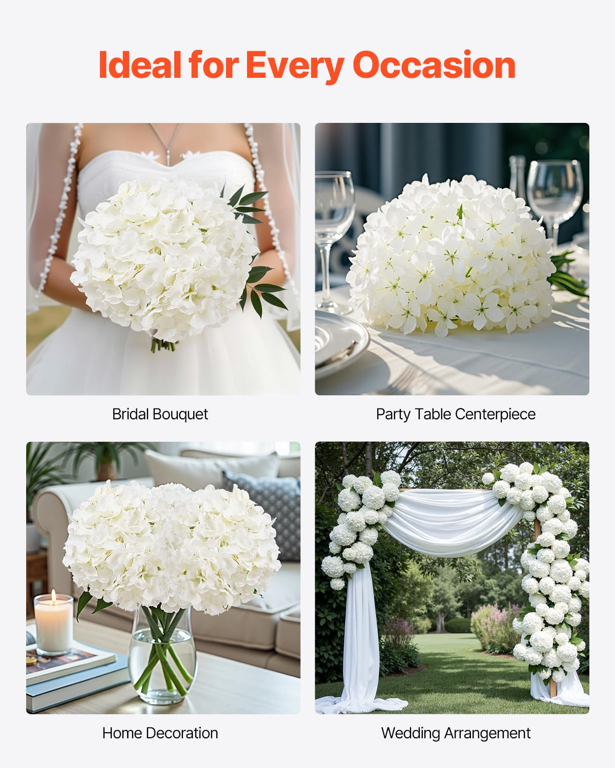 VEVOR Artificial Flowers, 205 pcs Real Looking White Silk Fake Hydrangea Bulk, White Faux Bridal Shower with Stems for DIY Wedding Bouquets, Home Centerpieces Arrangements, Party Tables Decorations