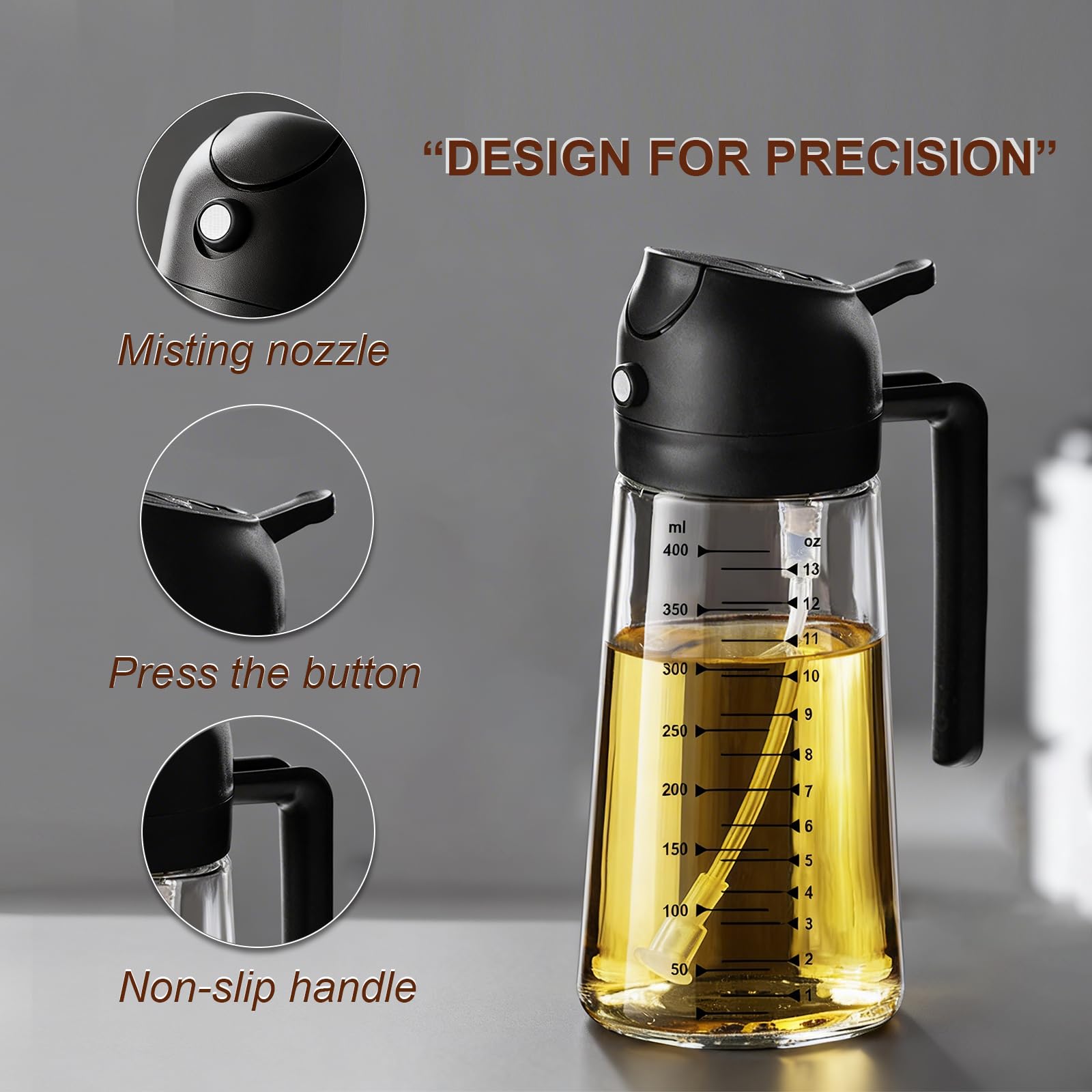 X&E 16oz/470ml Glass Olive Oil Sprayer for Cooking, 2 in 1 Olive Oil Dispenser Bottle, Food Grade Oil Mister for Kitchen Gadgets, Air Fryer Accessories, Salad & BBQ – Black
