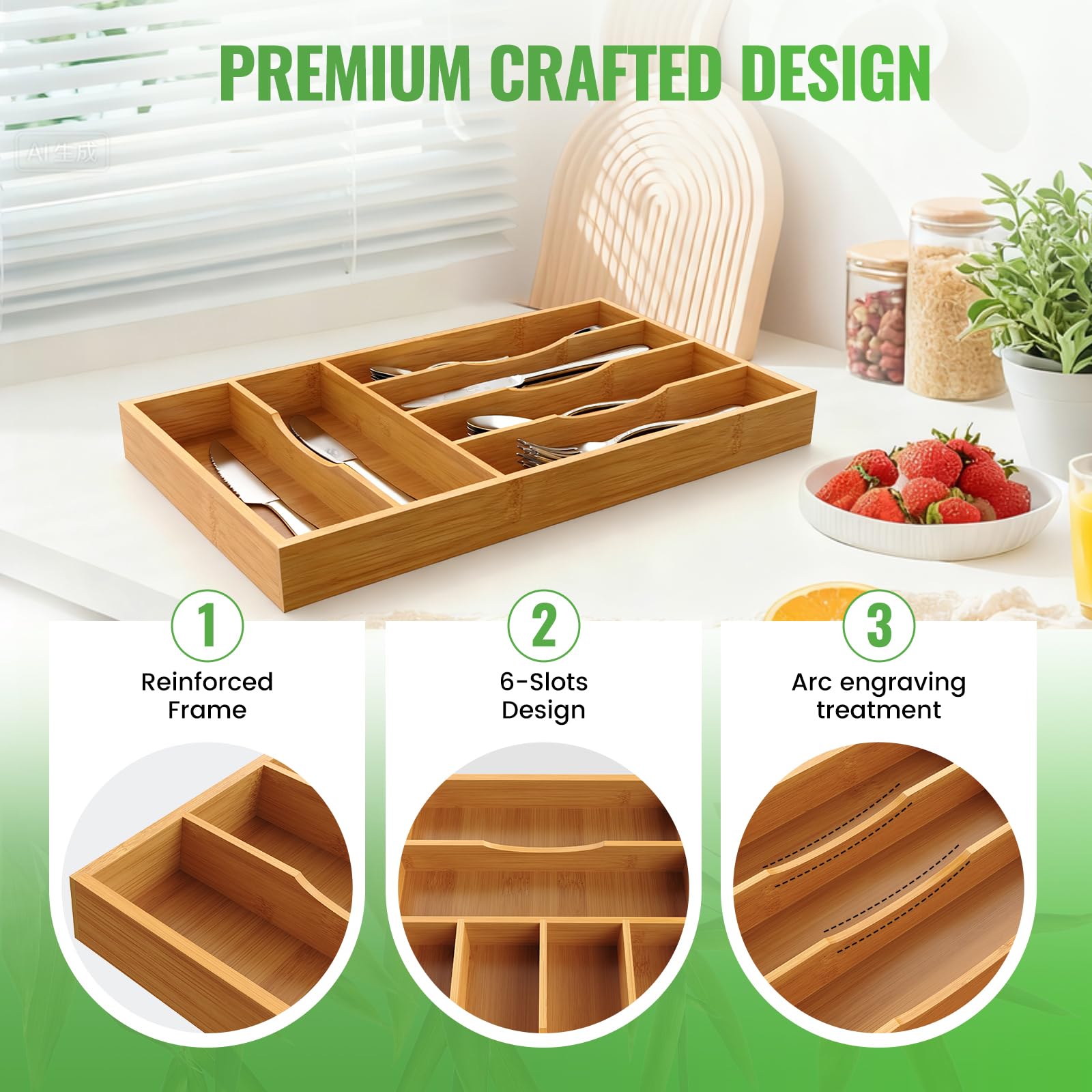 Bayting Bamboo Silverware Organizer, Bamboo Kitchen Drawer Cutlery Organizer, Utensil Holder, Flatware Organizer Tray (15.8"x9.5"x1.6")